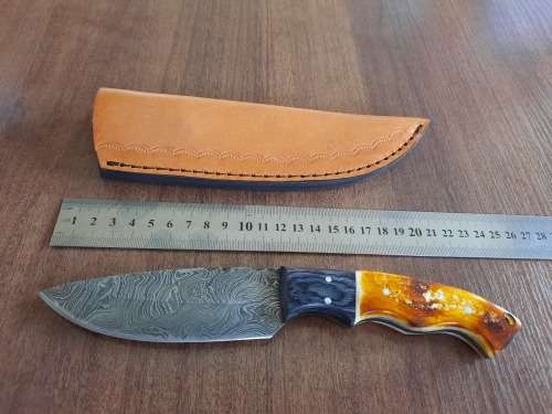 Handmade DAMASCUS Steel Hunting Knife, BURNT Camel Bone & Wooden Handle scales.