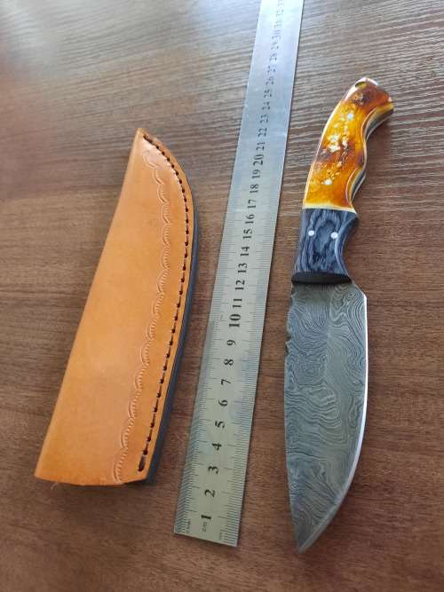 Handmade DAMASCUS Steel Hunting Knife, BURNT Camel Bone & Wooden Handle scales.