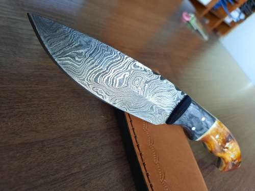 Handmade DAMASCUS Steel Hunting Knife, BURNT Camel Bone & Wooden Handle scales.