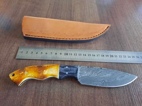 Handmade DAMASCUS Steel Hunting Knife, BURNT Camel Bone & Wooden Handle scales.
