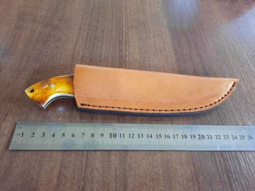 Handmade DAMASCUS Steel Hunting Knife, BURNT Camel Bone & Wooden Handle scales.