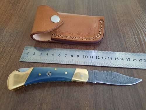 Handmade Damascus steel folding knife with Camel Bone  handle scales. GREAT GIFT !!