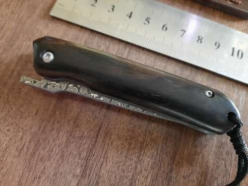 Damascus VG-10 Stainless Steel folding knife, RAZOR Sharp, Ebony Handle Scales.