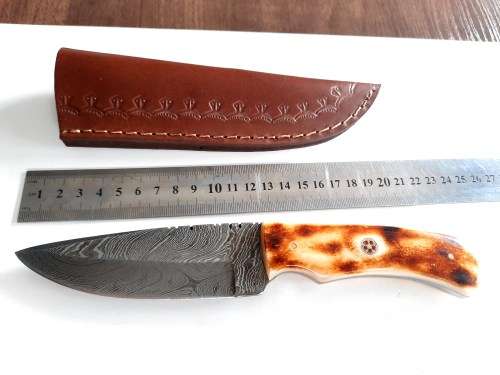 Handmade DAMASCUS Steel Hunting Knife, BURNT Camel Bone Handle scales.