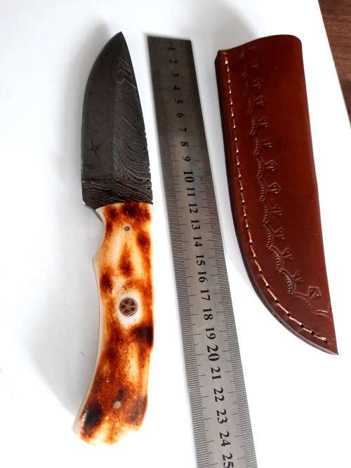 Handmade DAMASCUS Steel Hunting Knife, BURNT Camel Bone Handle scales.