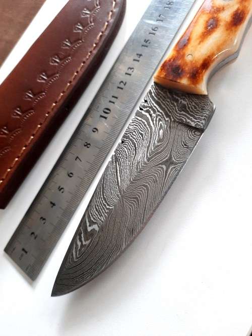 Handmade DAMASCUS Steel Hunting Knife, BURNT Camel Bone Handle scales.