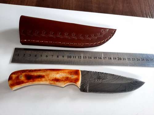 Handmade DAMASCUS Steel Hunting Knife, BURNT Camel Bone Handle scales.