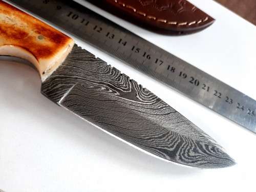 Handmade DAMASCUS Steel Hunting Knife, BURNT Camel Bone Handle scales.