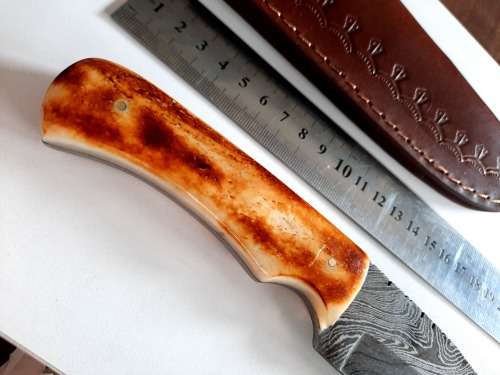 Handmade DAMASCUS Steel Hunting Knife, BURNT Camel Bone Handle scales.