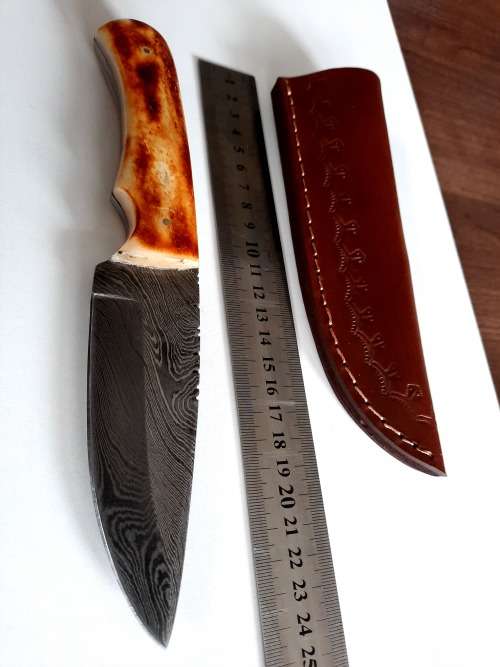 Handmade DAMASCUS Steel Hunting Knife, BURNT Camel Bone Handle scales.