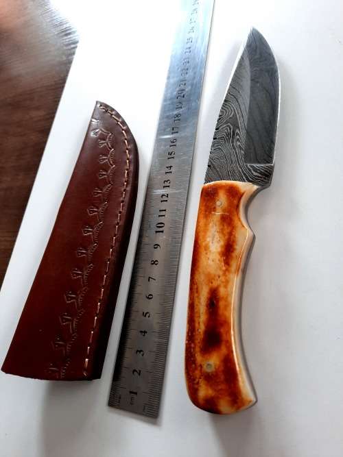 Handmade DAMASCUS Steel Hunting Knife, BURNT Camel Bone Handle scales.