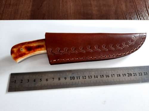 Handmade DAMASCUS Steel Hunting Knife, BURNT Camel Bone Handle scales.