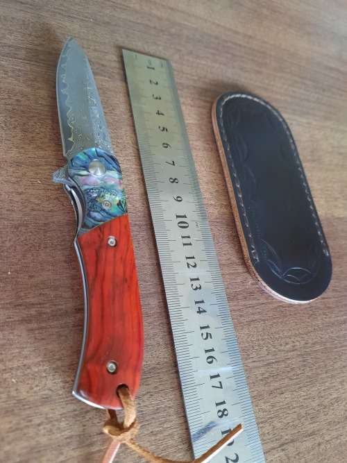 Damascus VG-10 Stainless Steel folding knife, RAZOR Sharp, Rosewood & Shell handle.