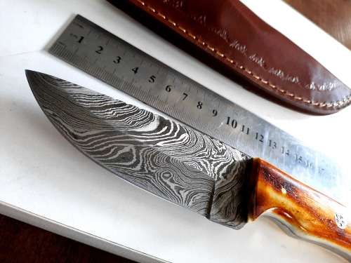 Handmade DAMASCUS Steel Hunting Knife, BURNT Camel Bone Handle scales.