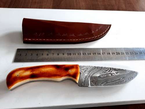 Handmade DAMASCUS Steel Hunting Knife, BURNT Camel Bone Handle scales.