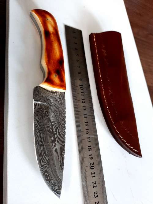 Handmade DAMASCUS Steel Hunting Knife, BURNT Camel Bone Handle scales.