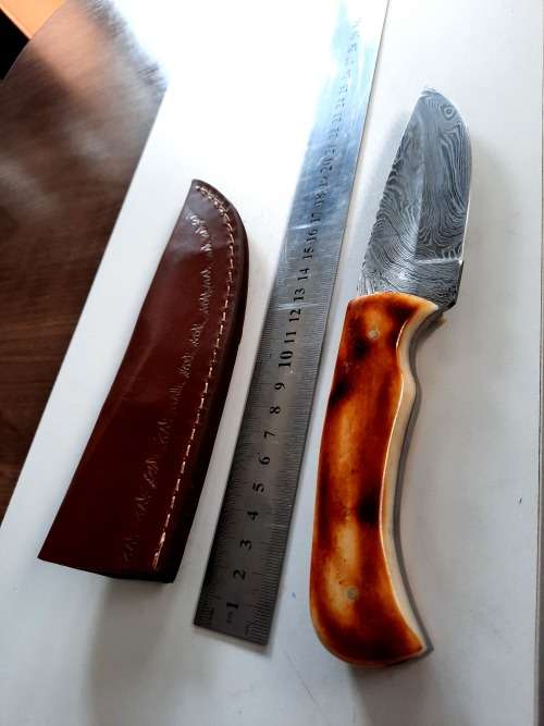 Handmade DAMASCUS Steel Hunting Knife, BURNT Camel Bone Handle scales.