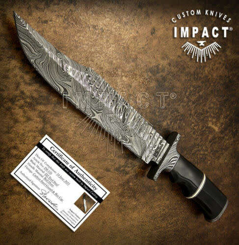 HANDMADE IMPACT Rare CUSTOM Damascus Hunting Knife with BULL HORN handle.