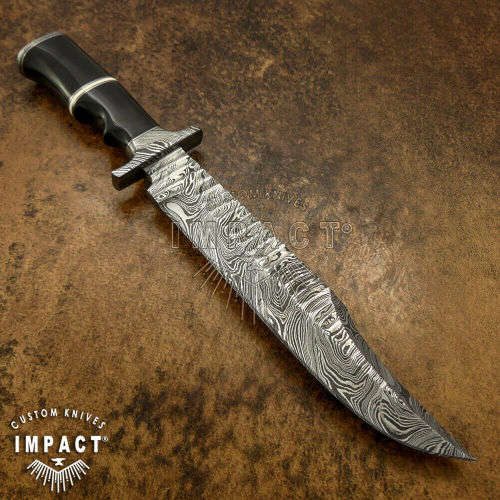 HANDMADE IMPACT Rare CUSTOM Damascus Hunting Knife with BULL HORN handle.