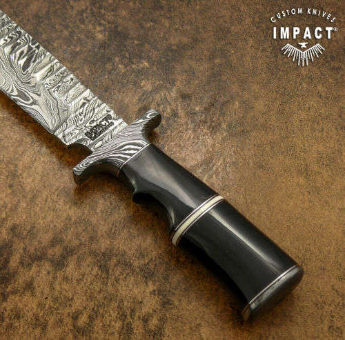 HANDMADE IMPACT Rare CUSTOM Damascus Hunting Knife with BULL HORN handle.