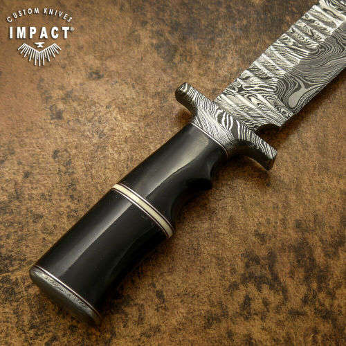 HANDMADE IMPACT Rare CUSTOM Damascus Hunting Knife with BULL HORN handle.