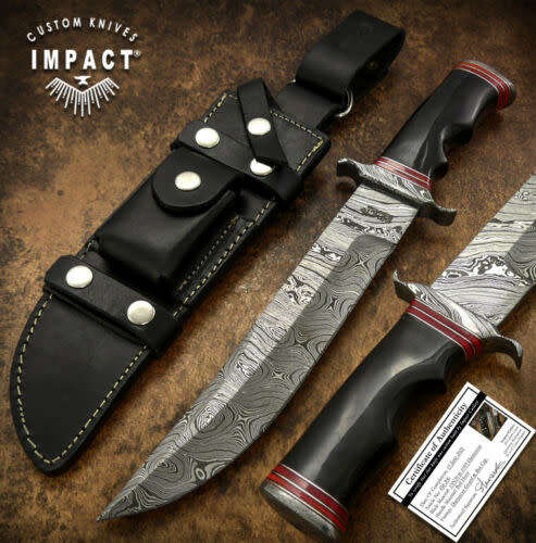 HANDMADE IMPACT Rare CUSTOM Damascus Hunting Knife with BULL HORN handle.