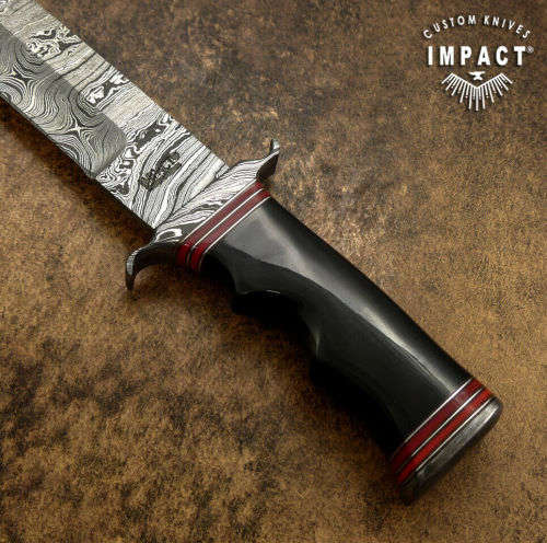 HANDMADE IMPACT Rare CUSTOM Damascus Hunting Knife with BULL HORN handle.