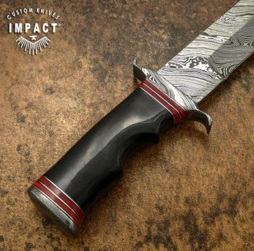 HANDMADE IMPACT Rare CUSTOM Damascus Hunting Knife with BULL HORN handle.