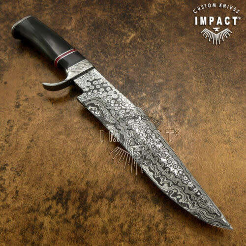 HANDMADE IMPACT Rare CUSTOM Damascus Hunting Knife with BULL HORN handle.