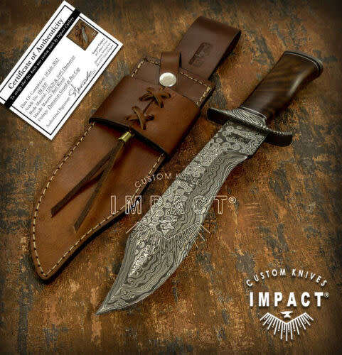 HANDMADE IMPACT Rare CUSTOM Damascus Hunting Bowie with BURL WOOD handle.