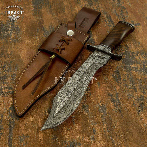 HANDMADE IMPACT Rare CUSTOM Damascus Hunting Bowie with BURL WOOD handle.