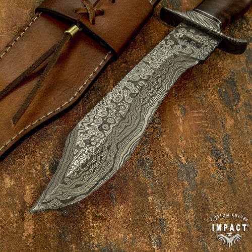 HANDMADE IMPACT Rare CUSTOM Damascus Hunting Bowie with BURL WOOD handle.
