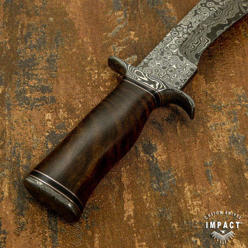 HANDMADE IMPACT Rare CUSTOM Damascus Hunting Bowie with BURL WOOD handle.