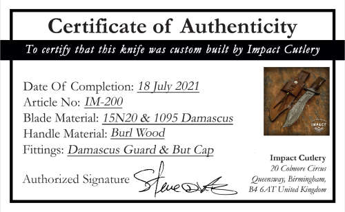 HANDMADE IMPACT Rare CUSTOM Damascus Hunting Bowie with BURL WOOD handle.