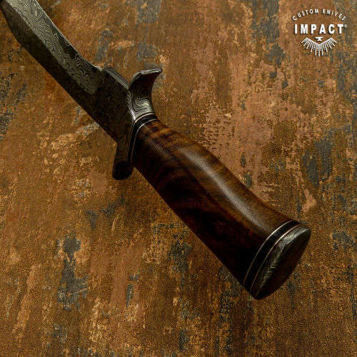 HANDMADE IMPACT Rare CUSTOM Damascus Hunting Bowie with BURL WOOD handle.