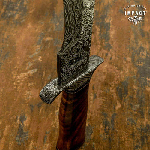 HANDMADE IMPACT Rare CUSTOM Damascus Hunting Bowie with BURL WOOD handle.