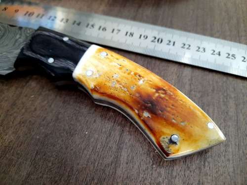 Handmade Damascus steel HUNTING  knife with Wood & Burnt Camel Bone handle scales. FREE BRACELET