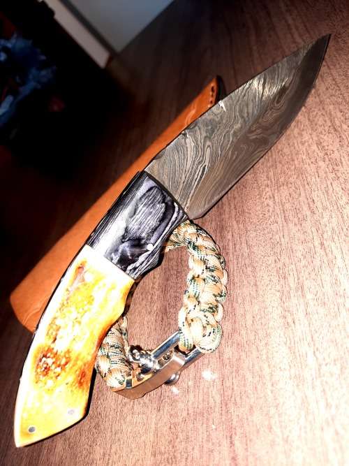 Handmade Damascus steel HUNTING  knife with Wood & Burnt Camel Bone handle scales. FREE BRACELET