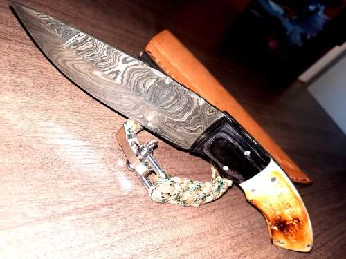 Handmade Damascus steel HUNTING  knife with Wood & Burnt Camel Bone handle scales. FREE BRACELET