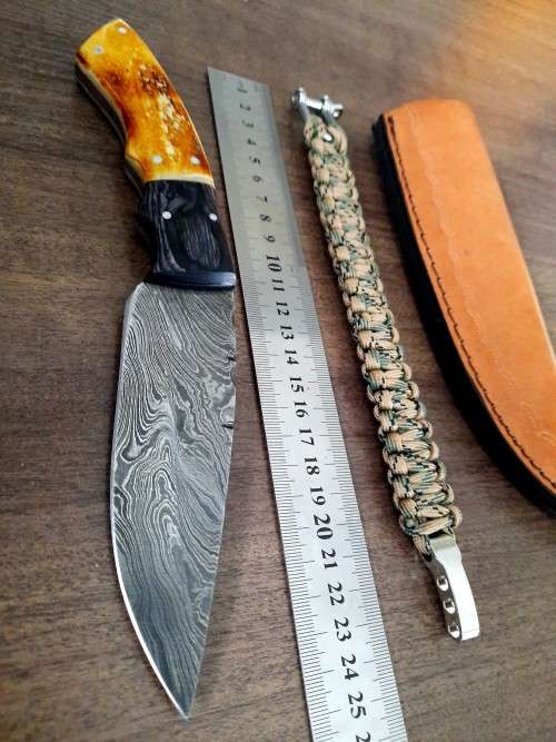 Handmade Damascus steel HUNTING  knife with Wood & Burnt Camel Bone handle scales. FREE BRACELET