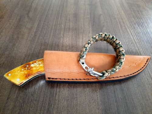 Handmade Damascus steel HUNTING  knife with Wood & Burnt Camel Bone handle scales. FREE BRACELET