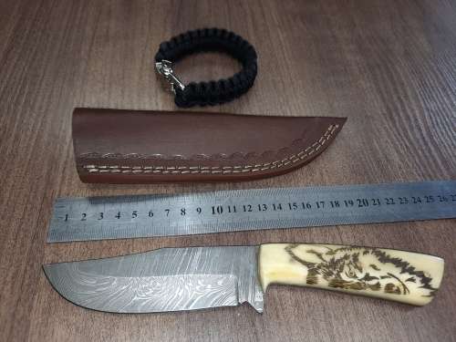 Handmade Damascus steel HUNTING  knife with Camel Bone handle scales Wolf engraved, FREE BRACELET