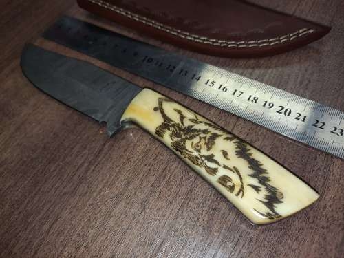 Handmade Damascus steel HUNTING  knife with Camel Bone handle scales Wolf engraved, FREE BRACELET