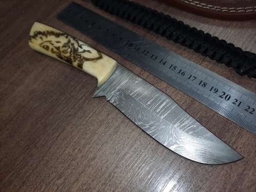Handmade Damascus steel HUNTING  knife with Camel Bone handle scales Wolf engraved, FREE BRACELET