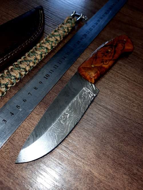 Handmade Damascus steel HUNTING Knife with Wooden handle scales w Bear engraved. Free Bracelet.