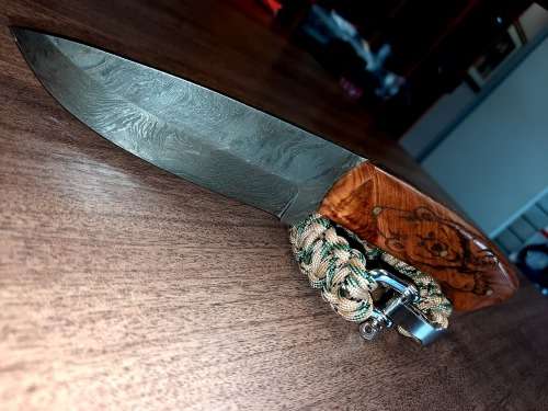 Handmade Damascus steel HUNTING Knife with Wooden handle scales w Bear engraved. Free Bracelet.