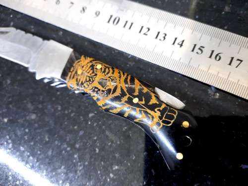 Handmade Damascus steel folding knife with Bull Horn handle scales. FREE Bracelet