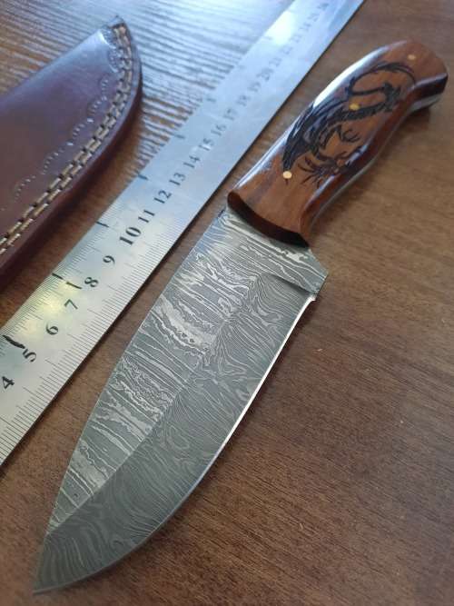 Handmade Damascus steel HUNTING Knife with Wooden handle scales  engraved. Free leather sheath.