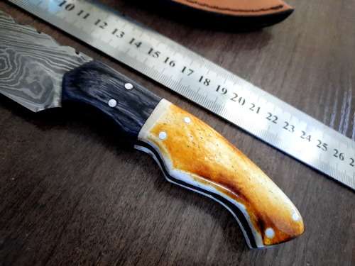 Handmade DAMASCUS Steel Hunting Knife, BURNT Camel Bone & Wooden Handle scales.