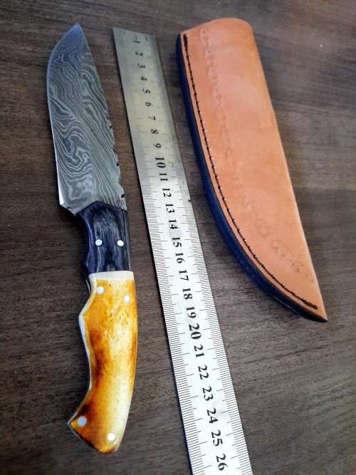 Handmade DAMASCUS Steel Hunting Knife, BURNT Camel Bone & Wooden Handle scales.